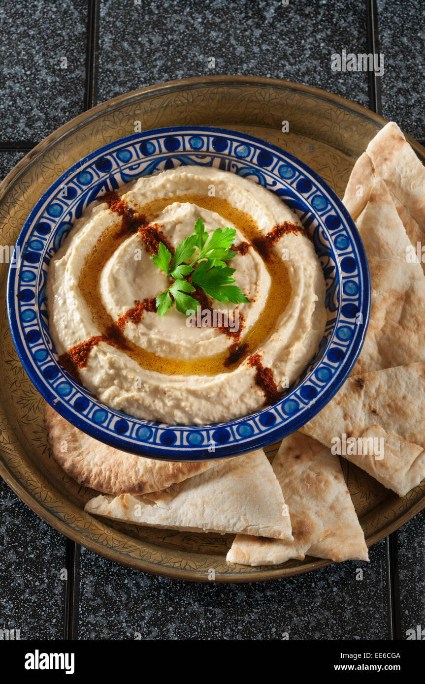 Hummus and pita bread Stock Photo