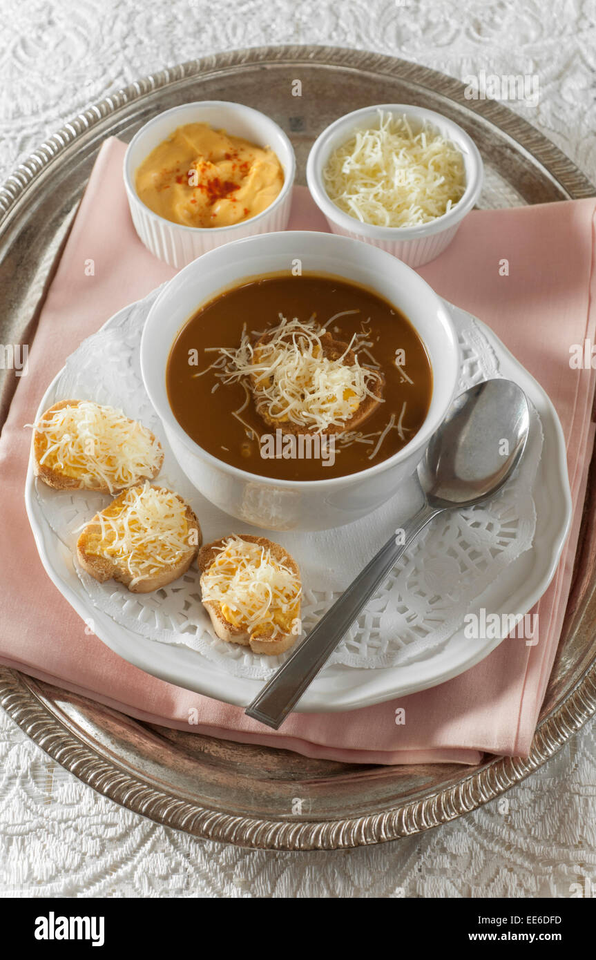Soupe de poisson. French fish soup with croûtes and rouille Stock Photo
