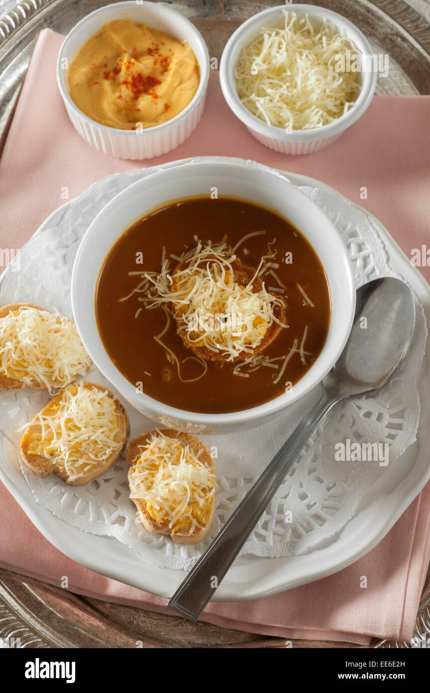 Soupe de poisson. French fish soup with croûtes and rouille Stock Photo
