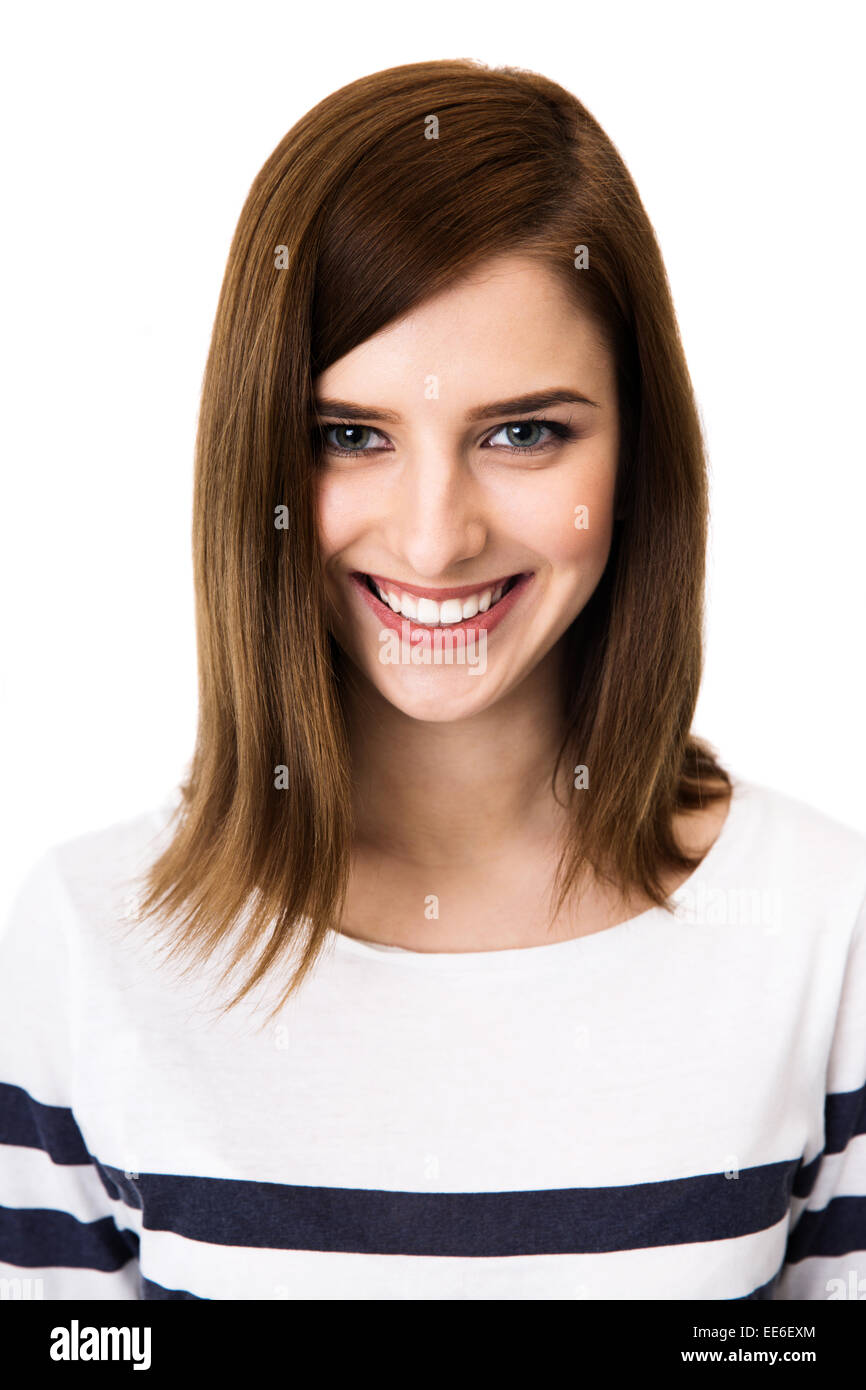 Portrait of a young smiling woman over white background Stock Photo - Alamy