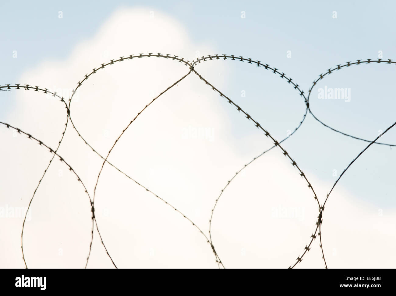 Barbed wire with heart shape and sky. Conceptual image of freedom, challenge and love. Stock Photo
