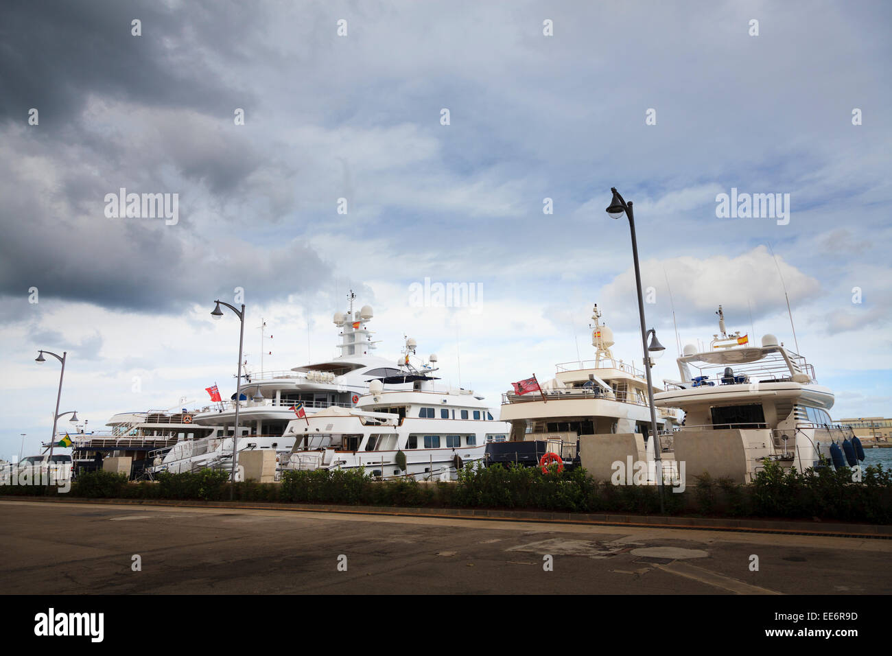 Luxury yachts moored at Denia for over winter maintenance Stock Photo