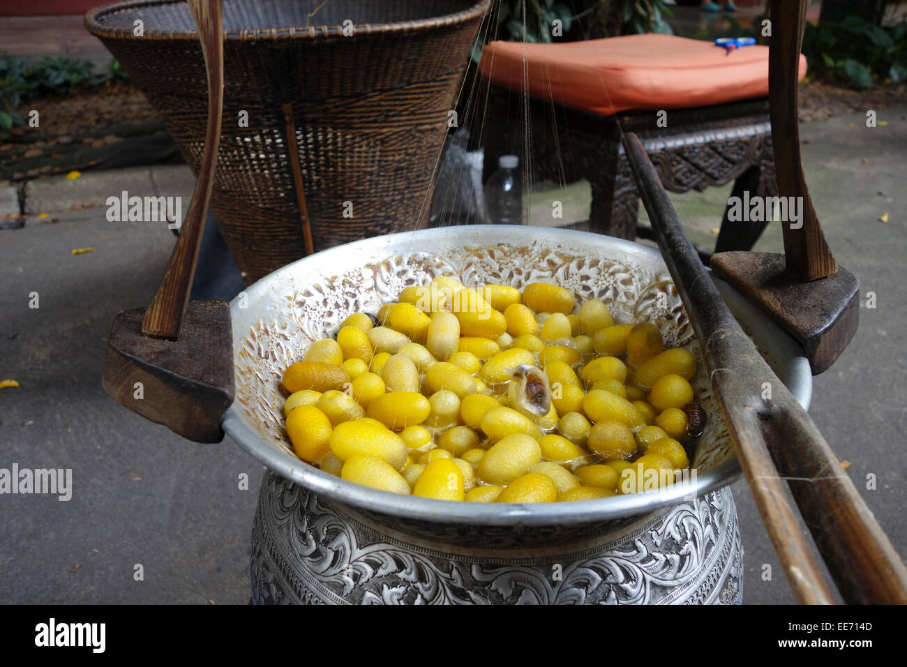 Yellow Silk cocoons & spool at Jim Thompson House, museum, Thai silk, Bangkok, Thailand, Southeast Asia. Stock Photo