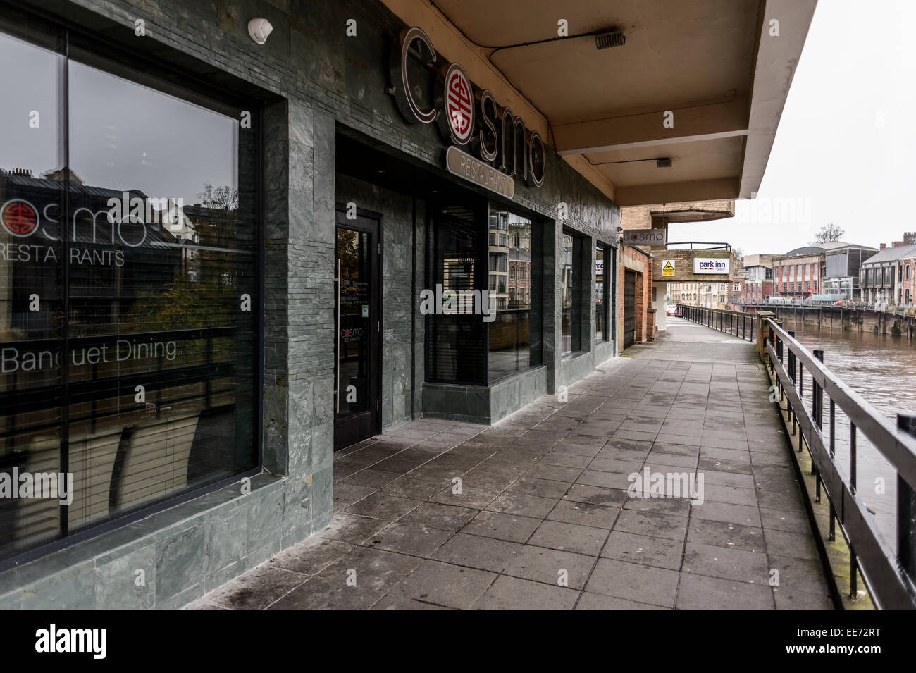 The front of Cosmo, a restaurant that serves World Cuisine, sited on the River Ouse in York. Stock Photo