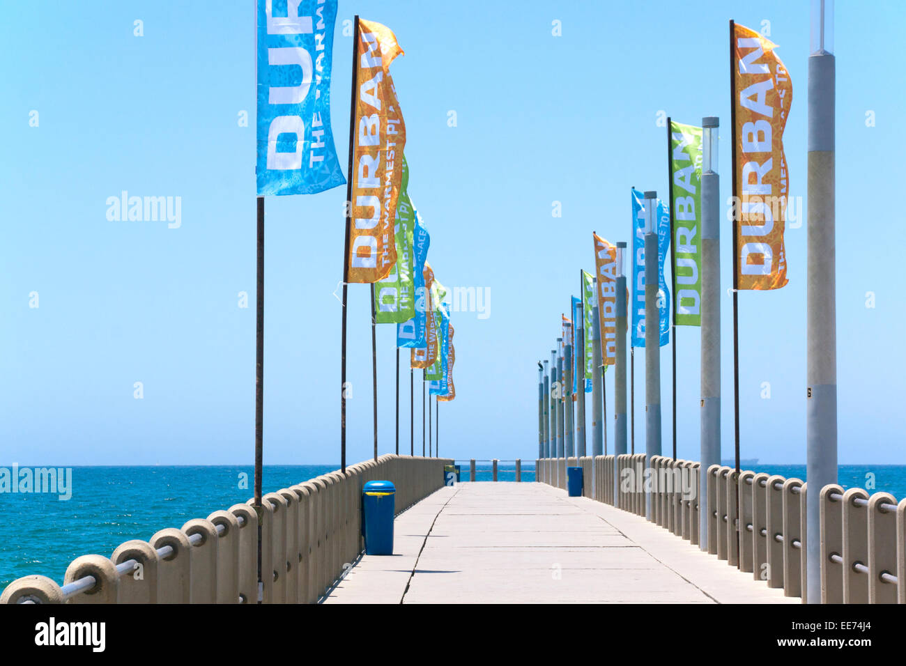 Flags and promotional banners on pier at North beach in Durban, South Africa Stock Photo Alamy