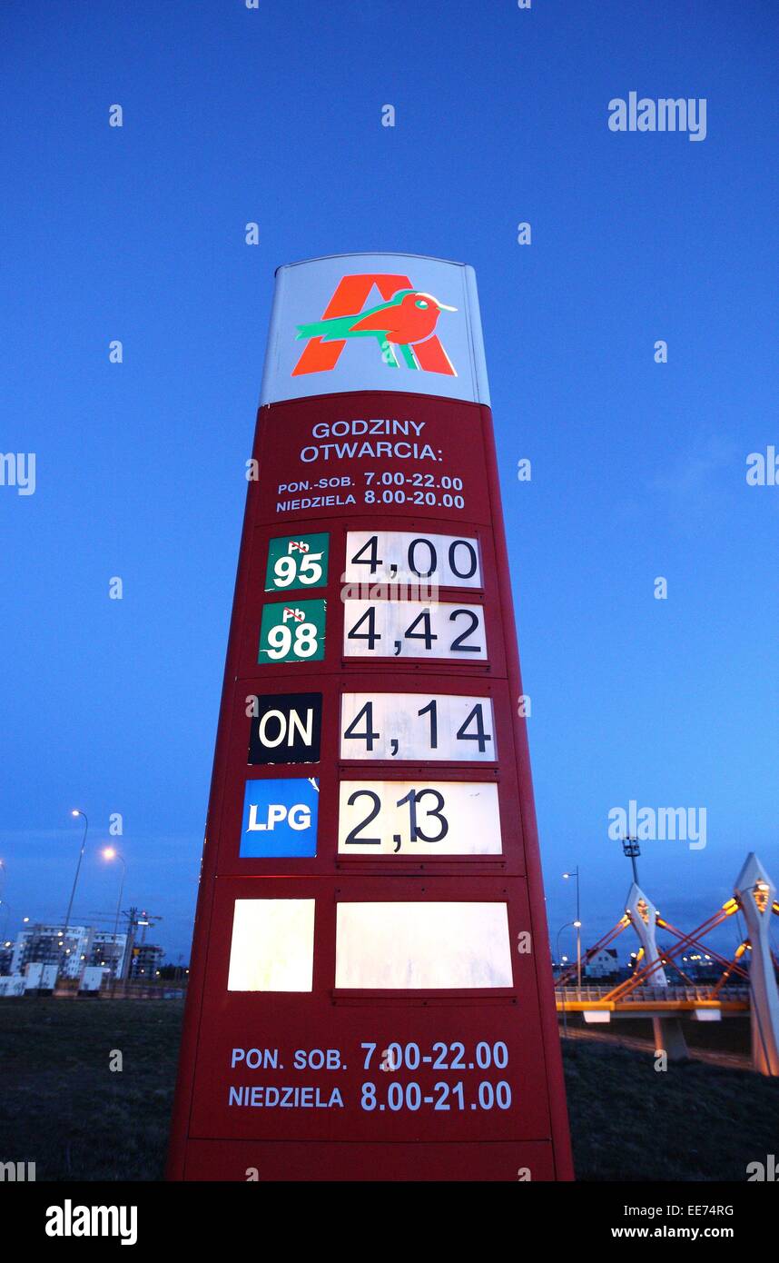 Gdansk, Poland. 14th January, 2015. Auchan petrol station in Gdansk sells  unleaded petrol for 4 zlotys (