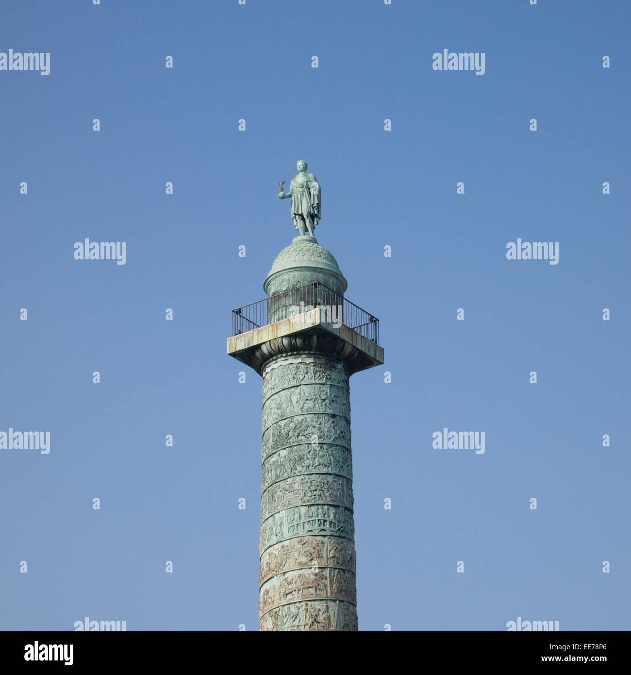 Square photo depicting The Austerlitz Column in Paris Place Vendome with the statue of Napoleon on a blue sky Stock Photo