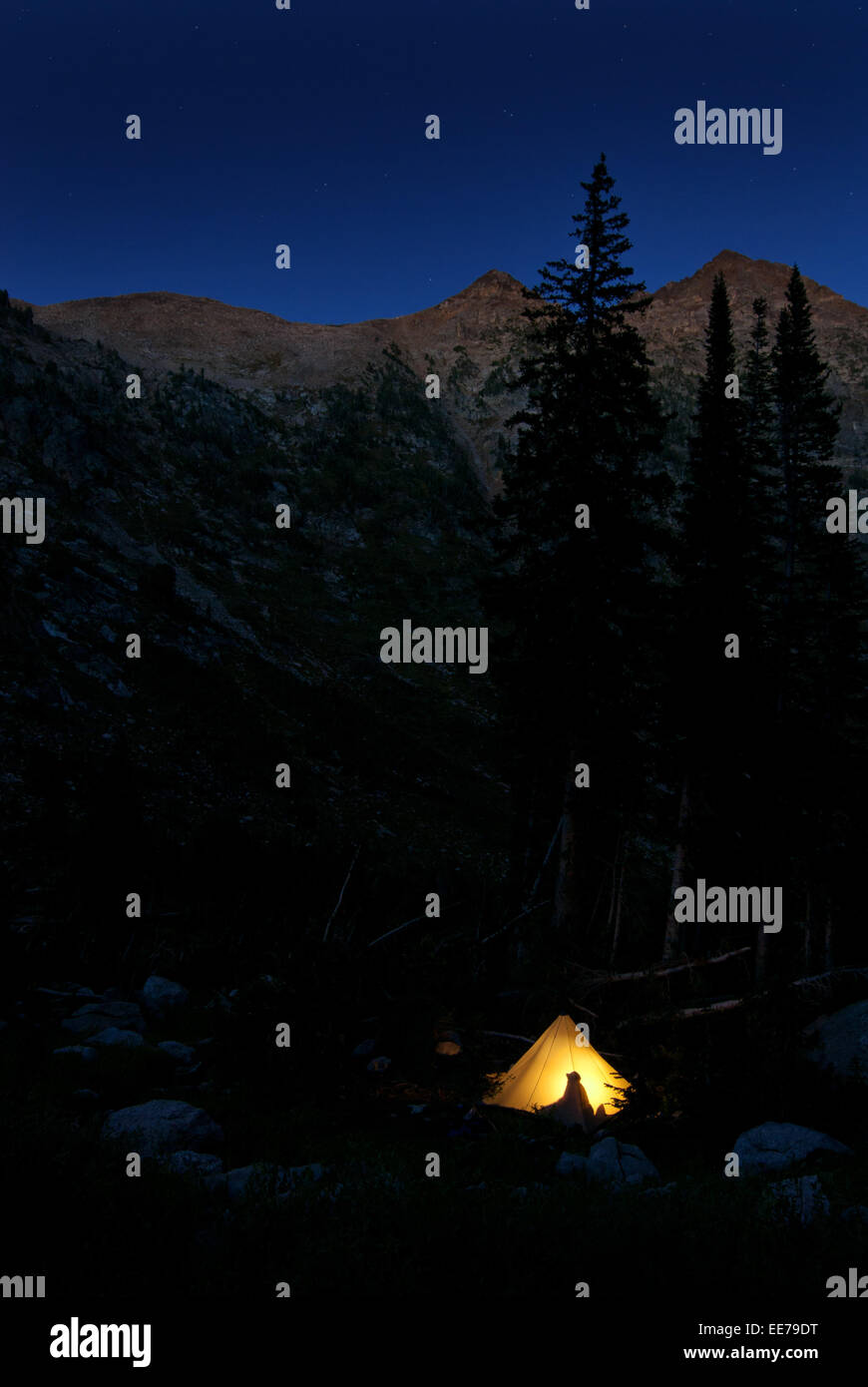 Detail of camping in glowing tent at night in mountains Stock Photo
