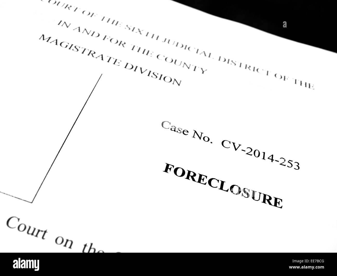 Legal papers for lawsuit of foreclosure on property Stock Photo