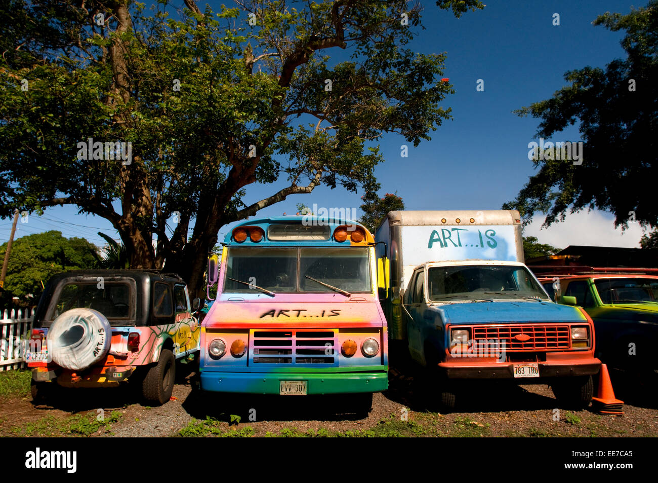 Surfboard graveyard Little Heaven for artistic paintings on broken and old cars and truks. Haleiwa north shore Oahu Hawaii USA. Stock Photo