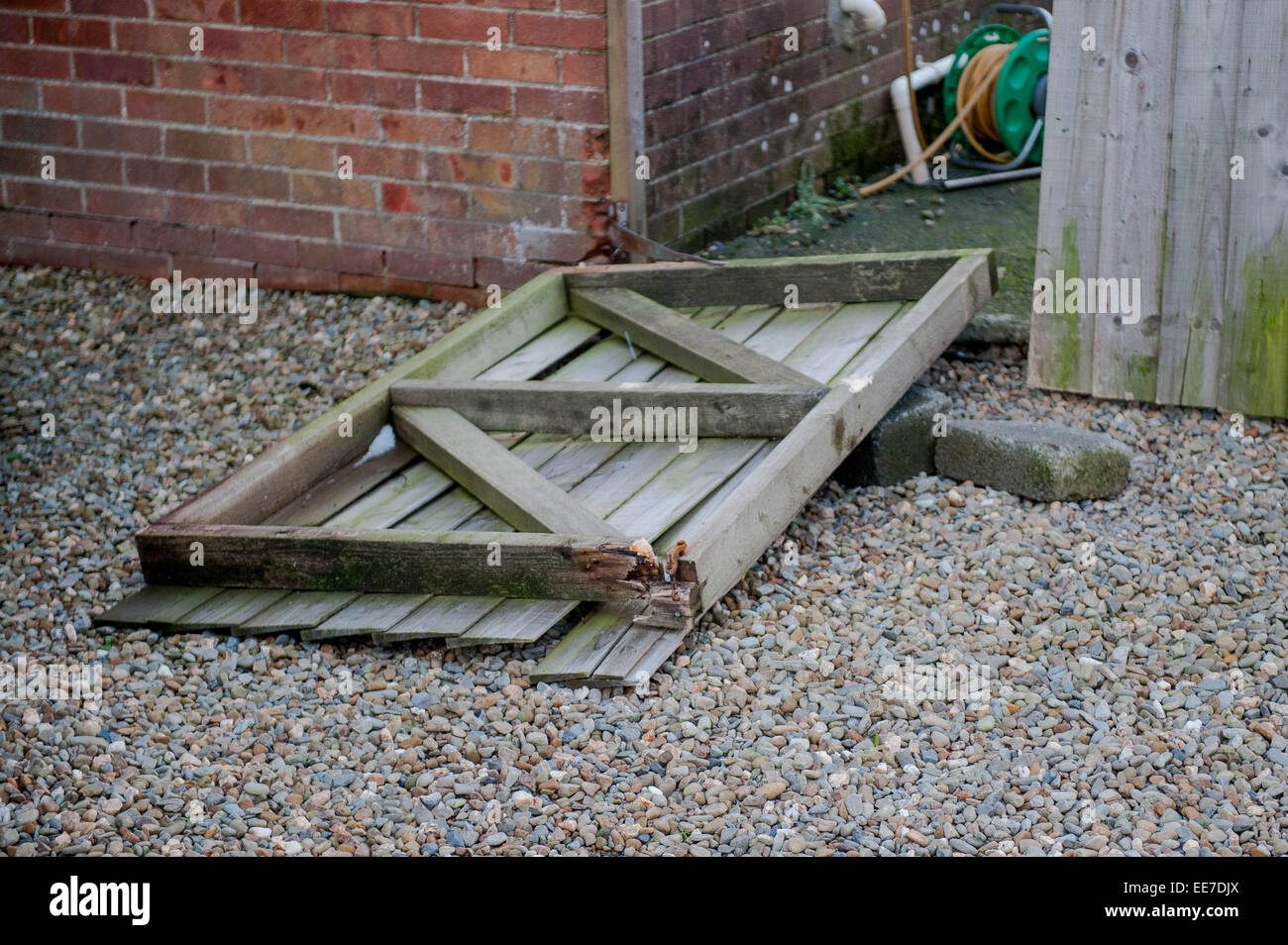 Haverfordwest, UK Wednesday 14 January 2015  A garden gate lies damaged on the floor   Two people were taken to hospital after a mini-tornado struck a row of houses in Haverfordwest, Pembrokeshire Stock Photo