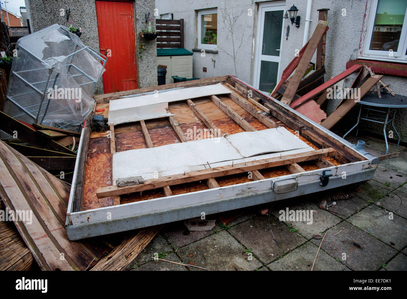 Haverfordwest, UK Wednesday 14 January 2015  A roof lies on the floor after being blown off by the mini tornado   Two people were taken to hospital after a mini-tornado struck a row of houses in Haverfordwest, Pembrokeshire Stock Photo
