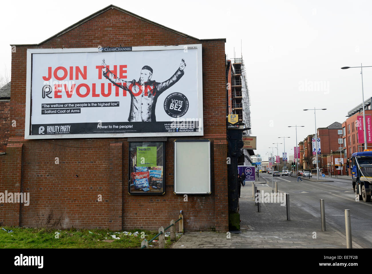 Poster promoting Mark Berry's ( Bez from the group Happy Mondays )  Reality Party for the 2015 general election on Chapel Street Stock Photo