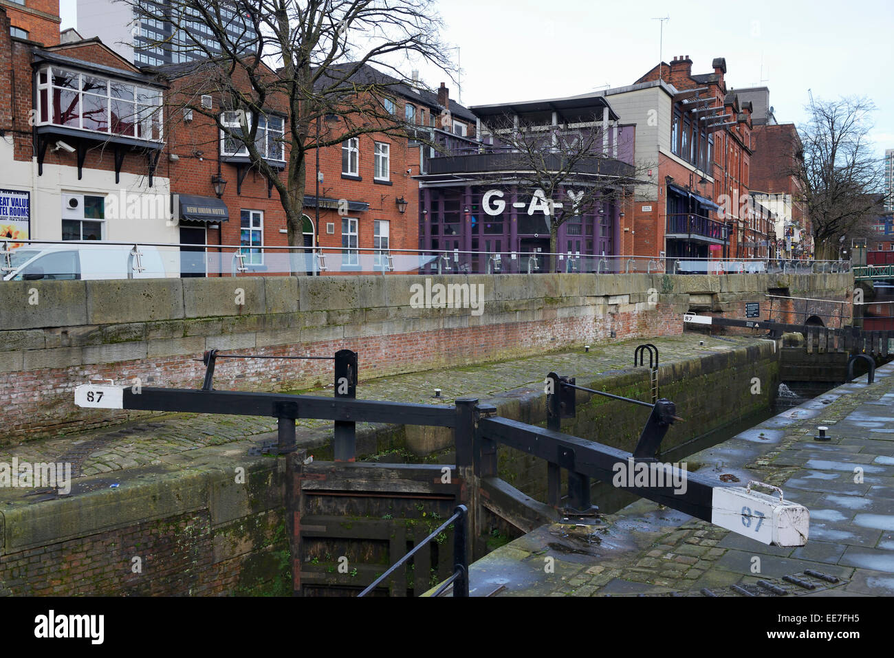 Rochdale Canal which runs beside Canal Street in Manchester through the Gay Village. A spate of 61 deaths in 3 years lead to sus Stock Photo