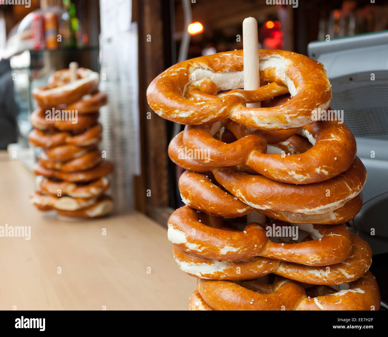 Sale of typical pretzel in a Christmas market. Stock Photo