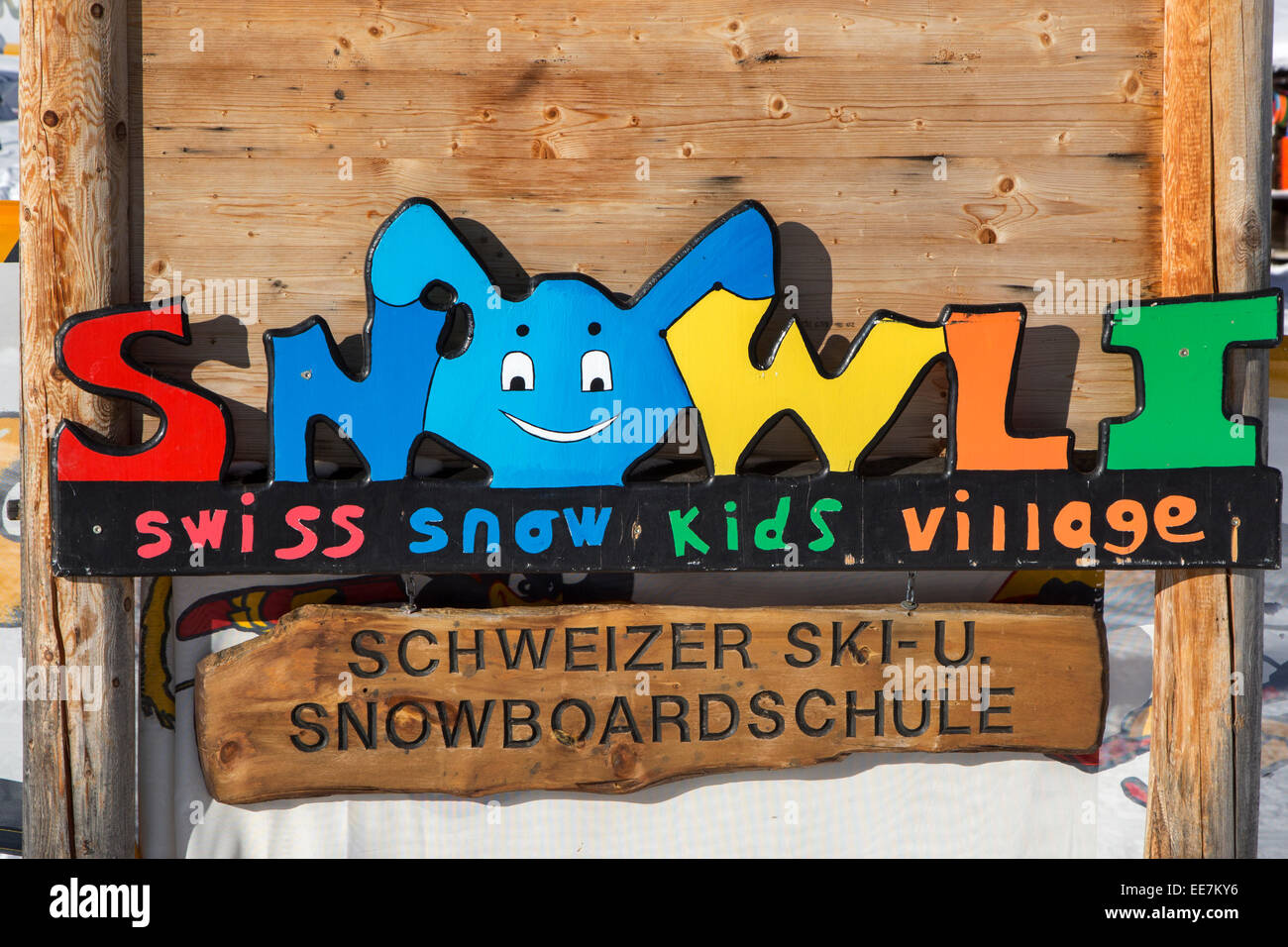 Sign for Snowli Kids Village, Swiss ski and snowboard school for children in Wallis / Valais, Switzerland Stock Photo
