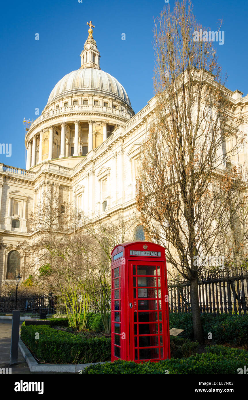 Red telephone box next to St Paul's Cathedral. London, UK Stock Photo