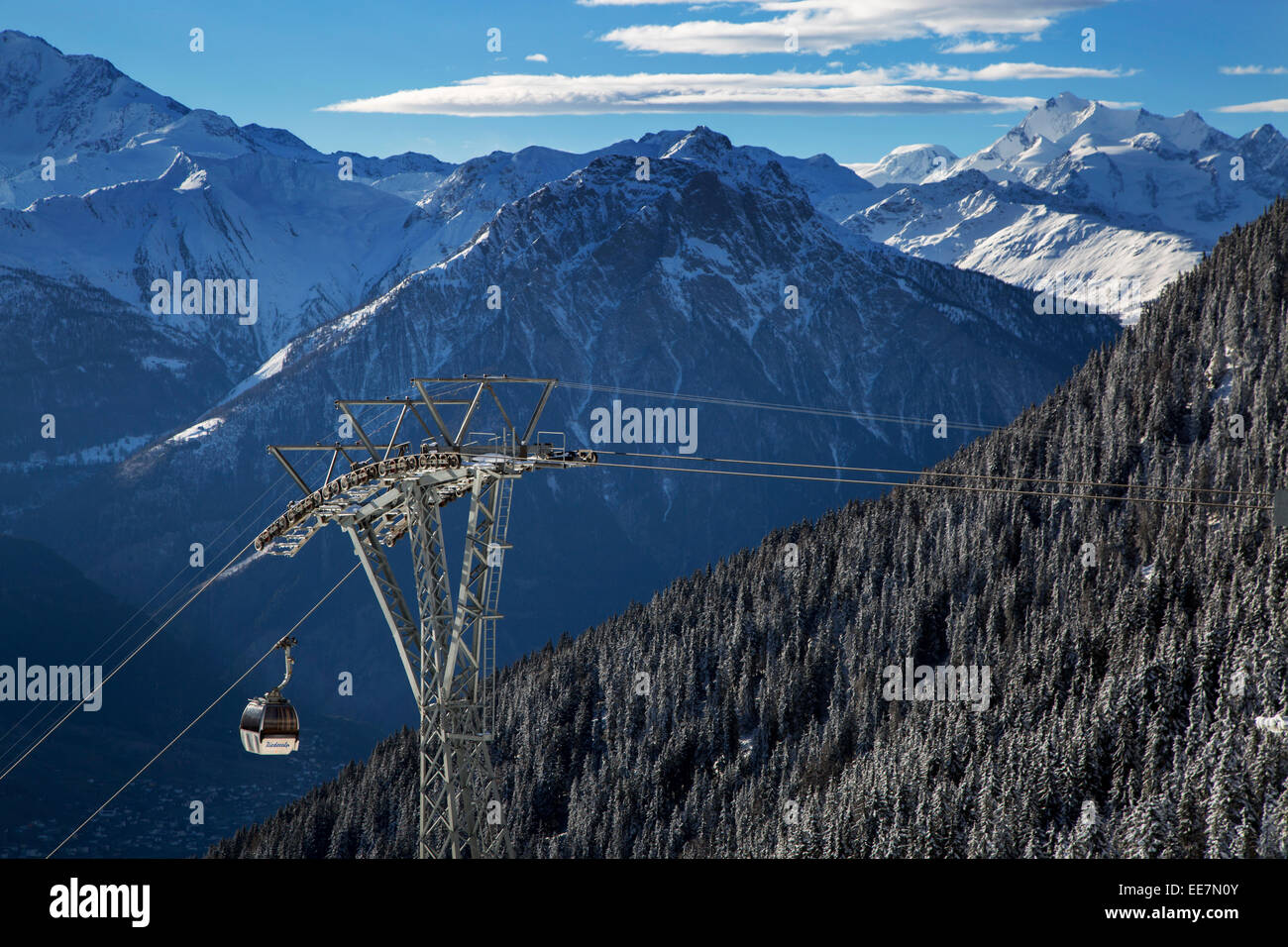 Gondola lift and view over the mountains in the snow in winter in the Swiss Alps at Riederalp, Wallis / Valais, Switzerland Stock Photo