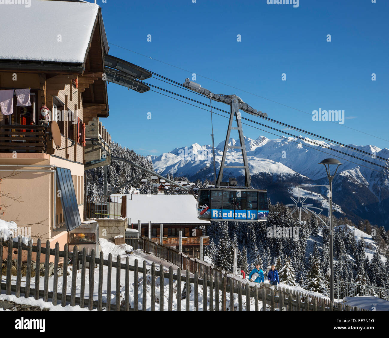 Gondola lift station in the Swiss Alps at Riederalp, Wallis / Valais, Switzerland Stock Photo