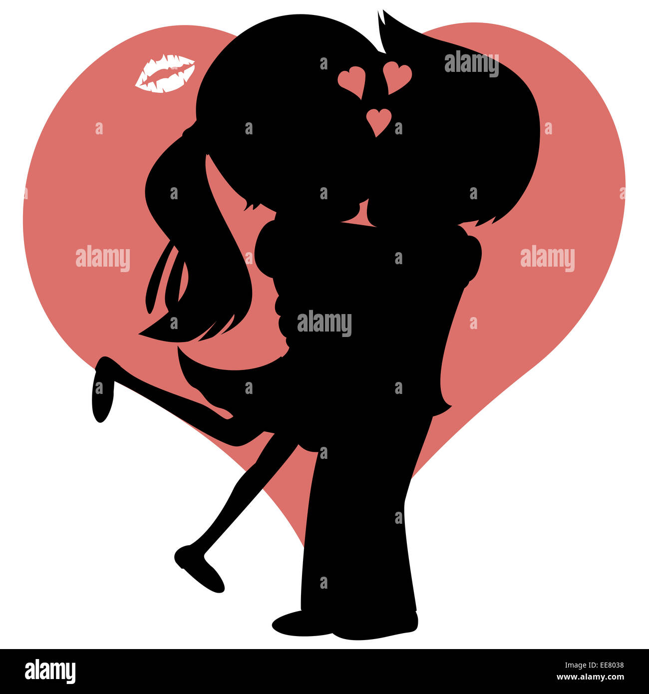 Lovely couple is embracing and kissing in front of a red heart ...