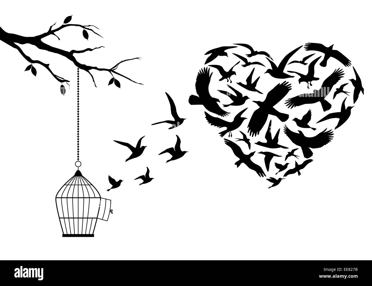 flying birds in heart shape with birdcage and tree Stock Photo