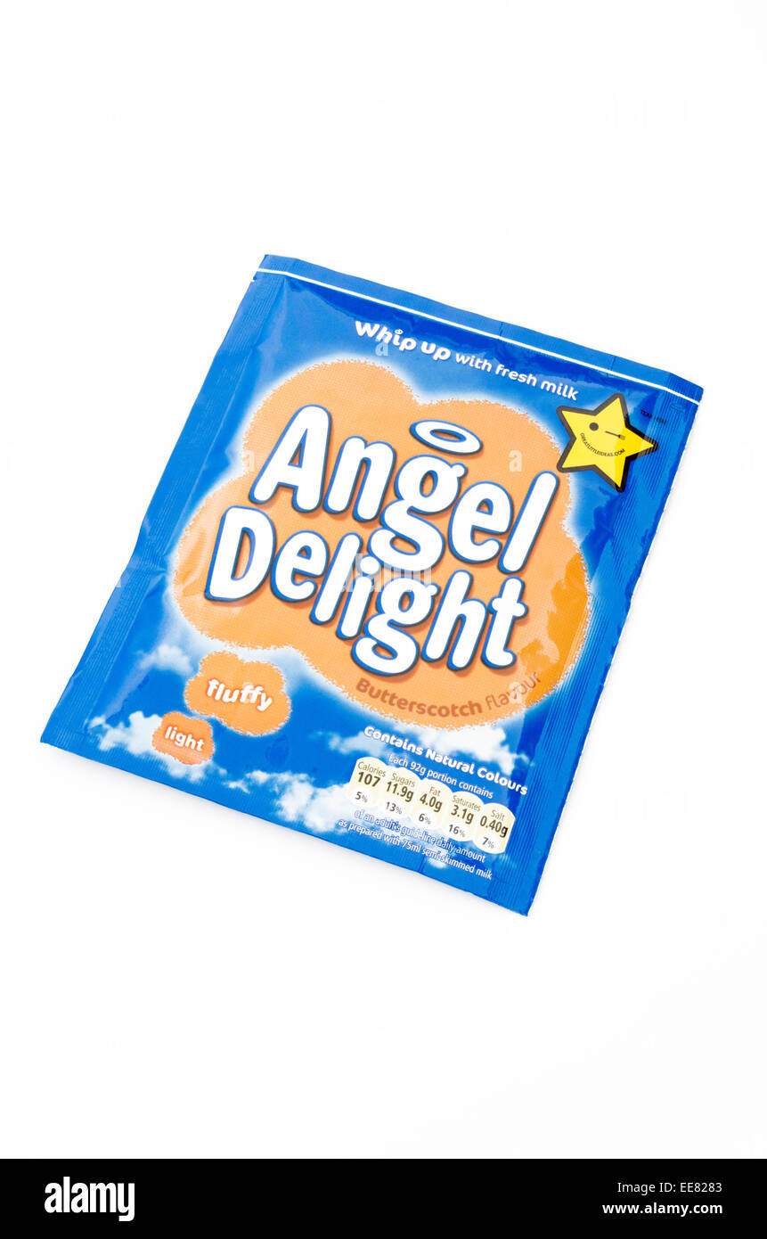 Sachet of Angel Delight Butterscotch Flavour Powdered Dessert on a White Background Stock Photo