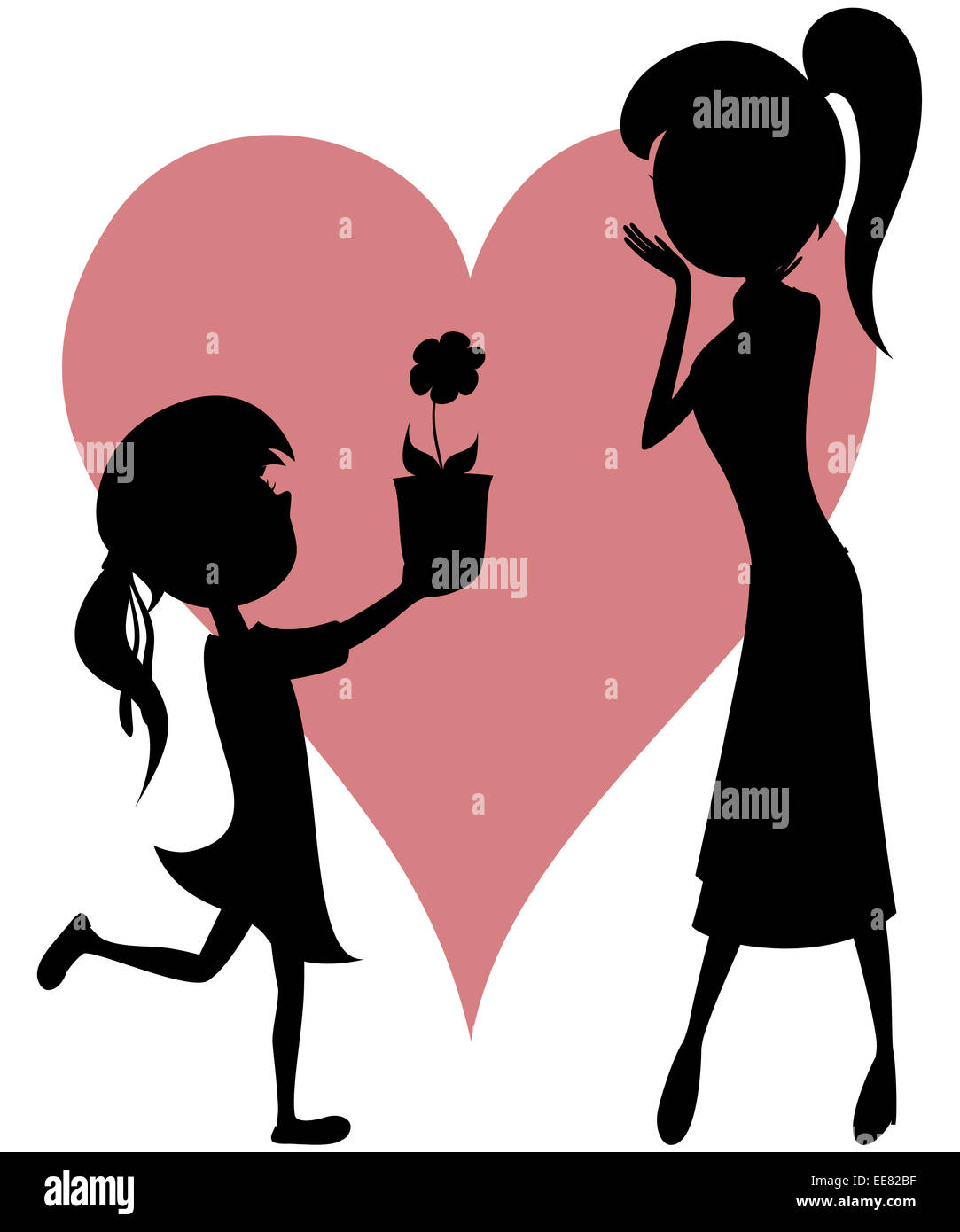 Surprise Mom! Cartoon-style art with black silhouettes of a girl giving a  flower to her mother Stock Photo - Alamy
