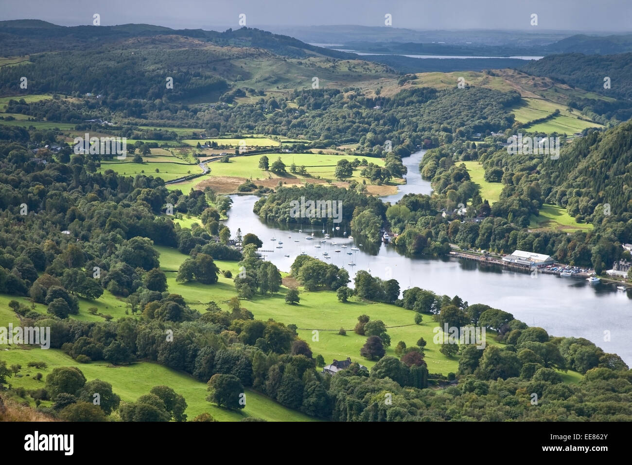 Newby Bridge and Lake Windermere from Gummers How, Lake District Stock
