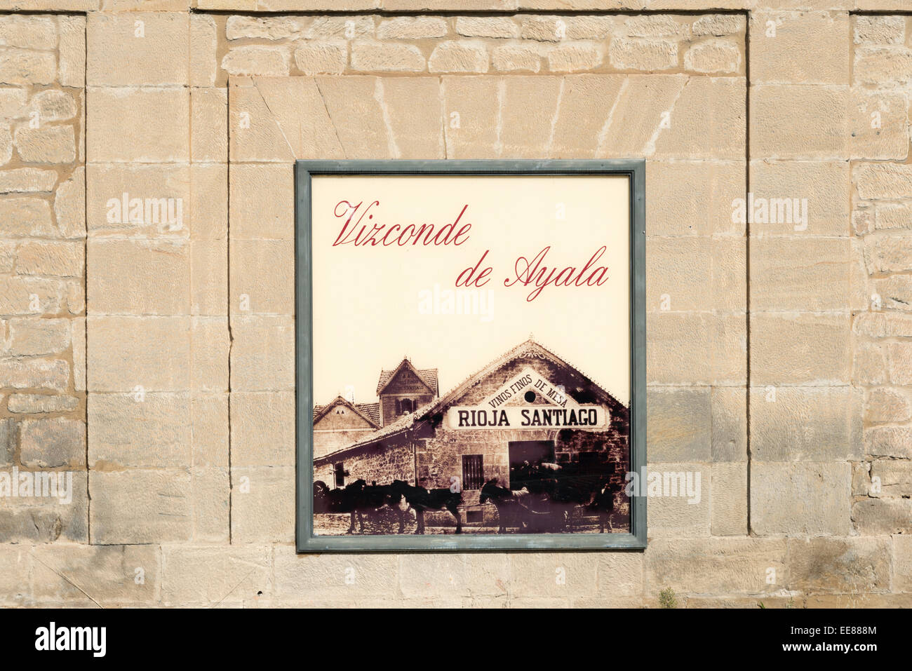 A sign with an old photo of the Vizconde de Ayala on the wall of the Bodegas Rioja Santiago in Haro Spain Stock Photo