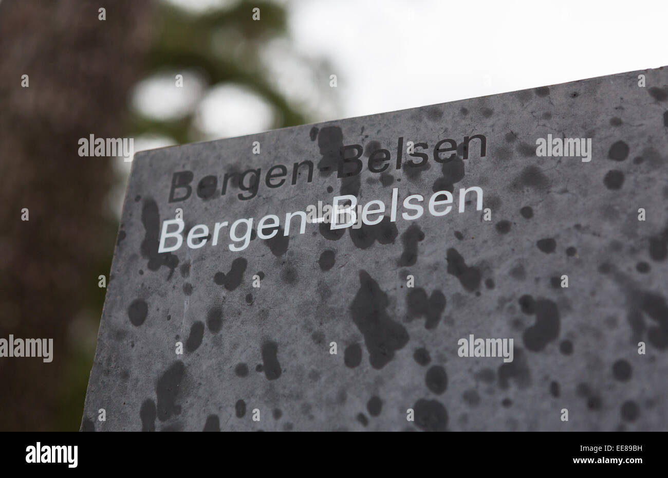 Sign at the site of Bergen-Belsen Concentration and Prisoner of War POW Camp, Bergen-Belsen, Germany Stock Photo