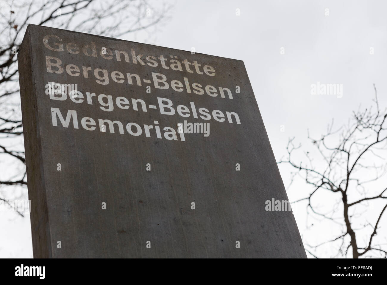 Sign at the site of Bergen-Belsen Concentration and Prisoner of War POW Camp, Bergen-Belsen, Germany Stock Photo