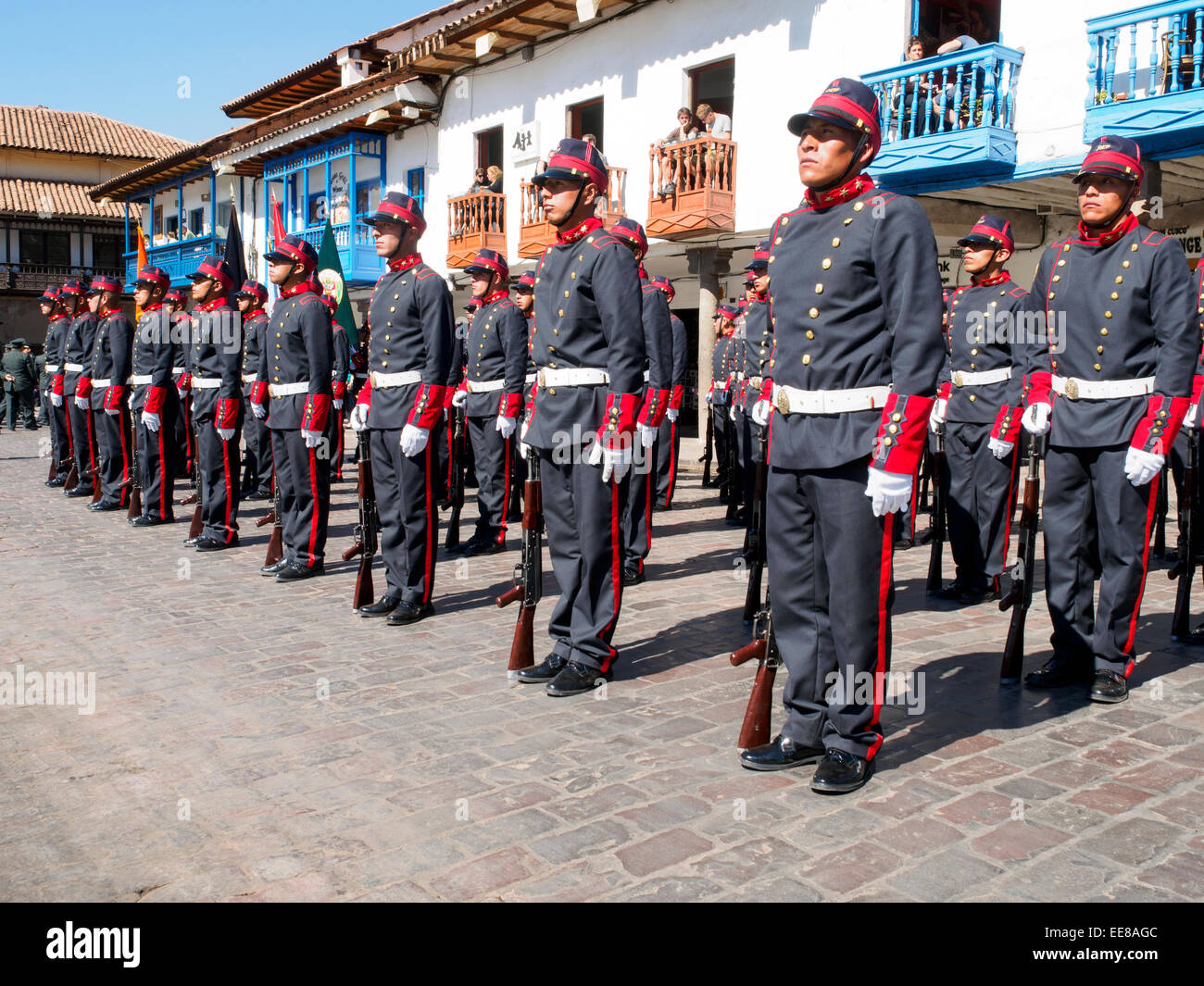 Soldiers in parade at the Cusco Week festivites, held each year in June leading up to the Inti Raymi festival - Cusco, Peru Stock Photo