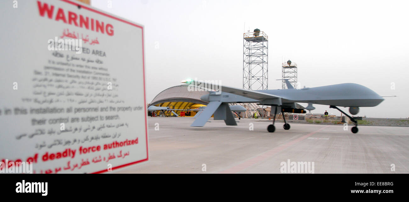 MQ-1 Predator A prepares for take-off from Kandahar Airfield, Afghanistan in support of Operation Enduring Freedom. Remotely controlled from Nellis Air Force Base, Nevada, USA. See description for more information. Stock Photo