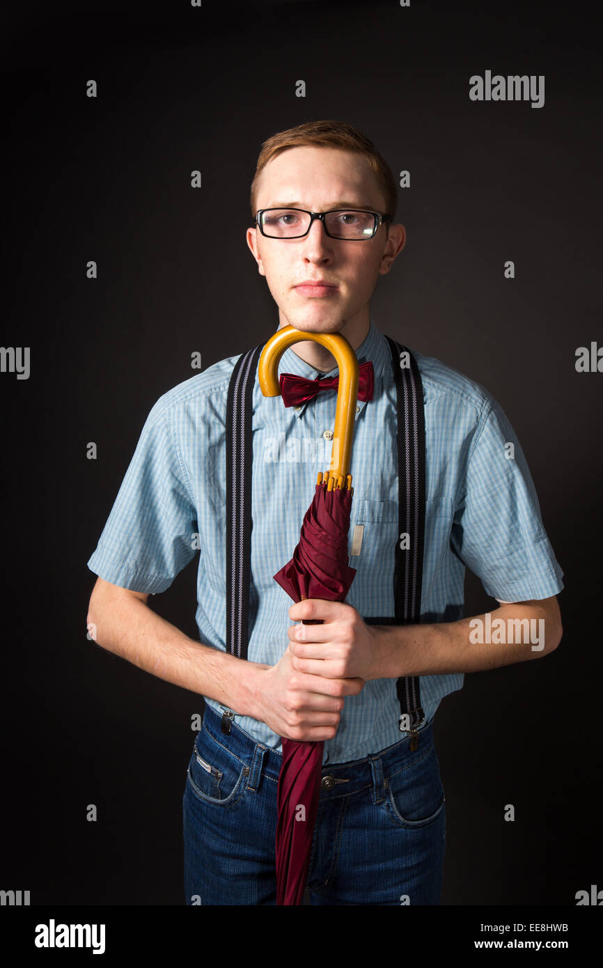 Funny man in glasses in retro suit and shirt Stock Photo Alamy