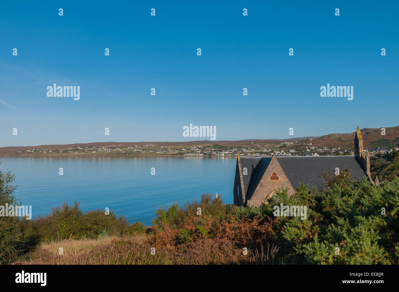 Gairloch and Strath beside Gairloch Bay Ross & Cromarty Highland Scotland with church Stock Photo