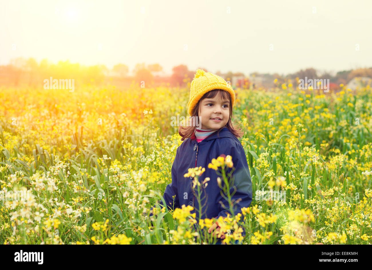 Little girl walking on the flower field Stock Photo - Alamy