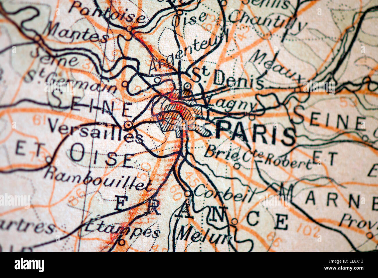 Section taken from Bartholomew's Western Europe Automobile Cloth Map showing Paris Stock Photo