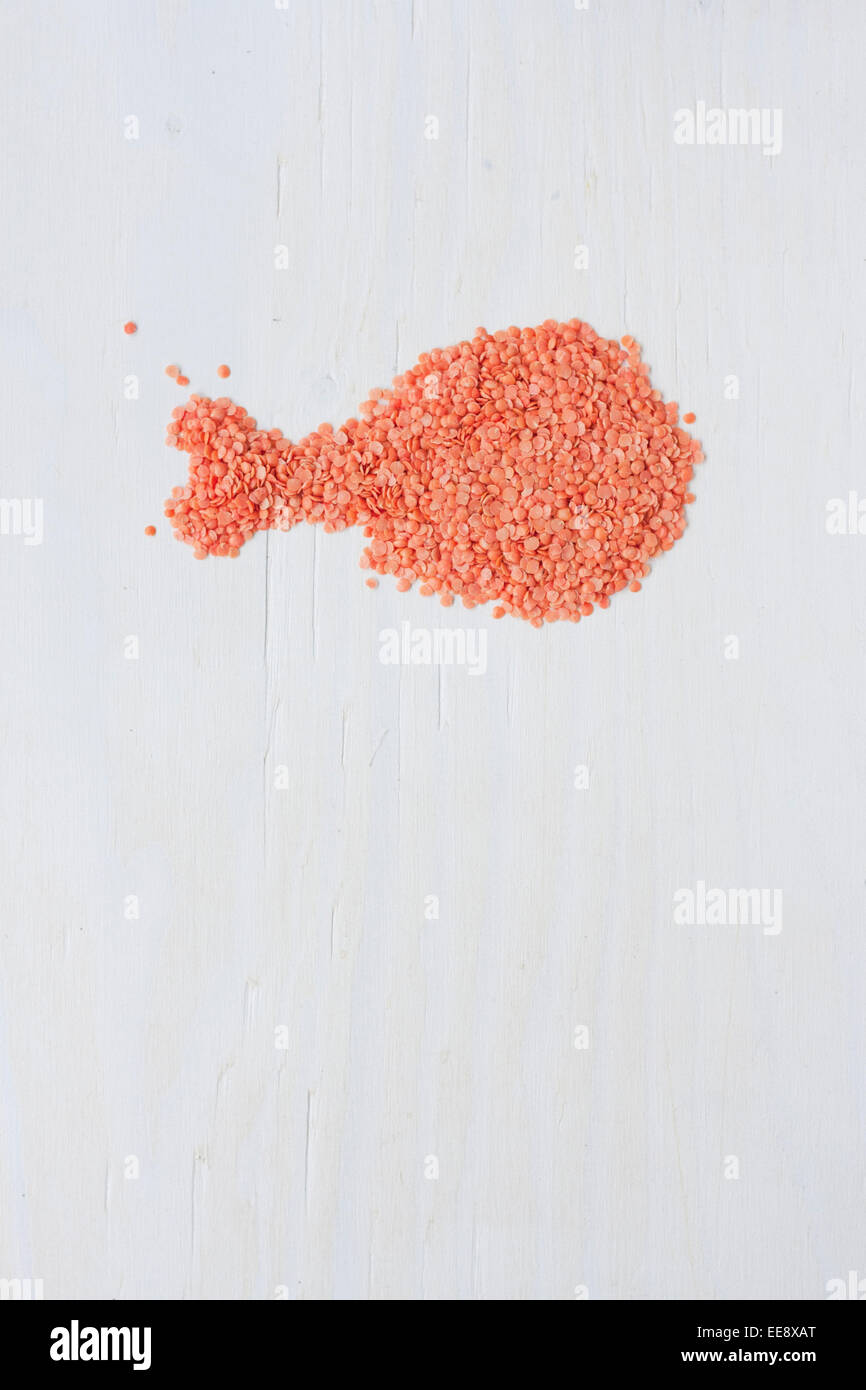 Drumstick made of pulses (red split lentils). Metaphor of vegetarian and vegan diet. Stock Photo