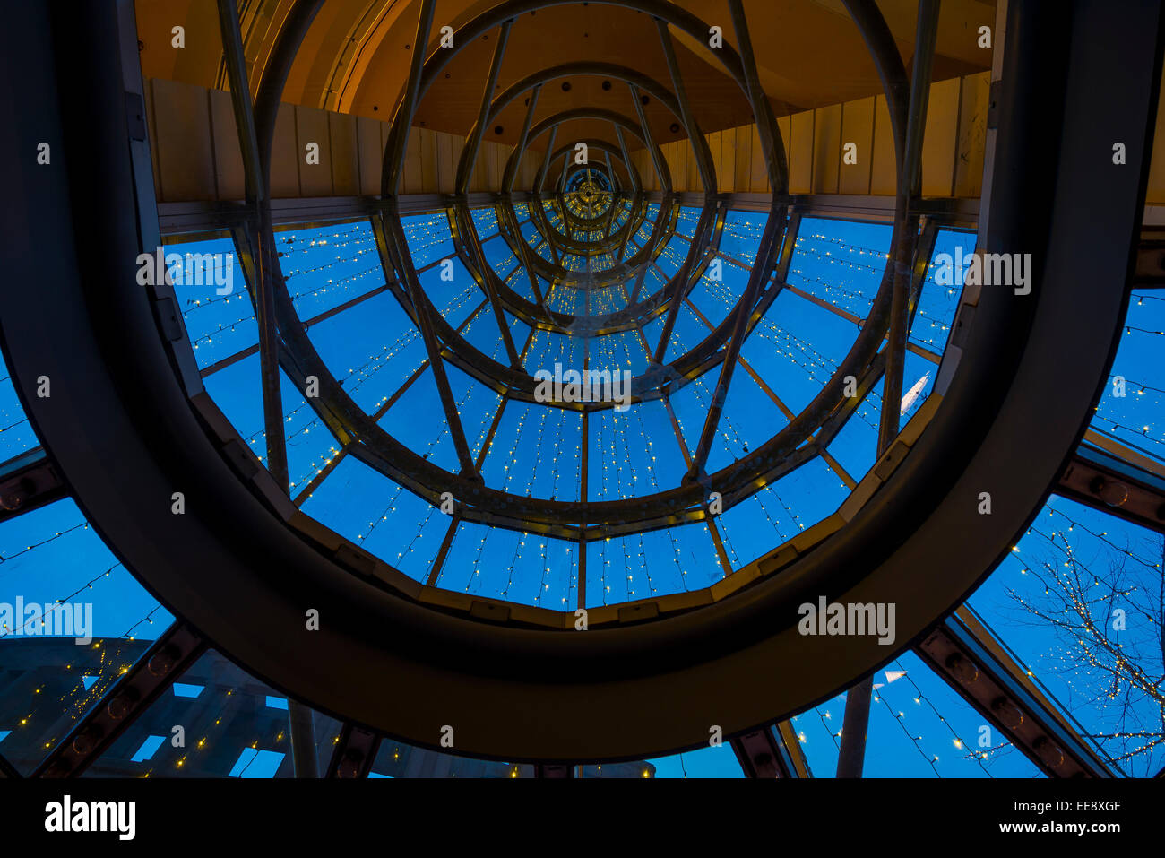 Looking up through glass entrance dome, Westside Church building