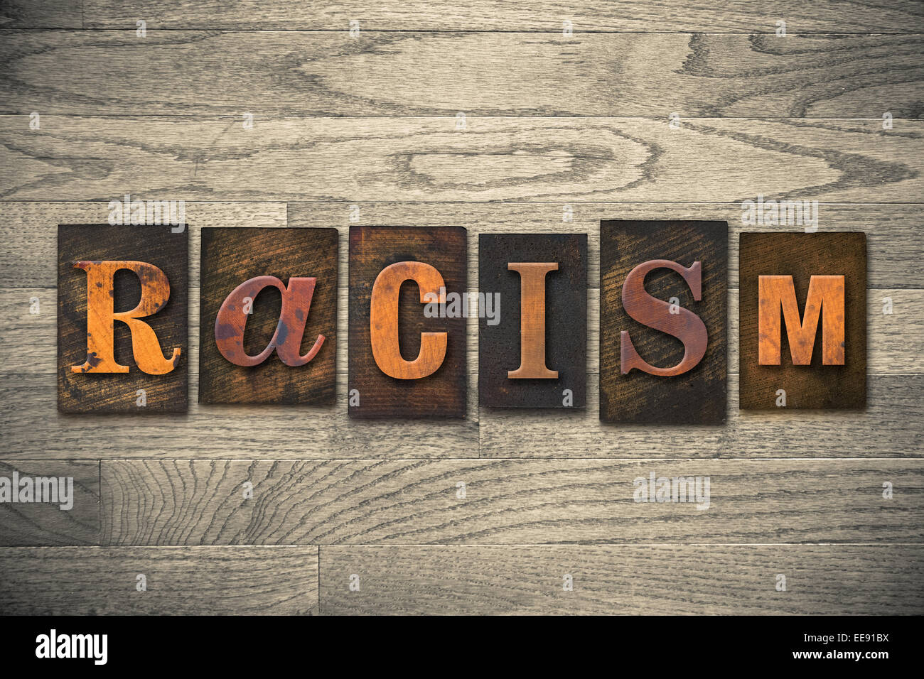 The word "RACISM" written in wooden letterpress type. Stock Photo
