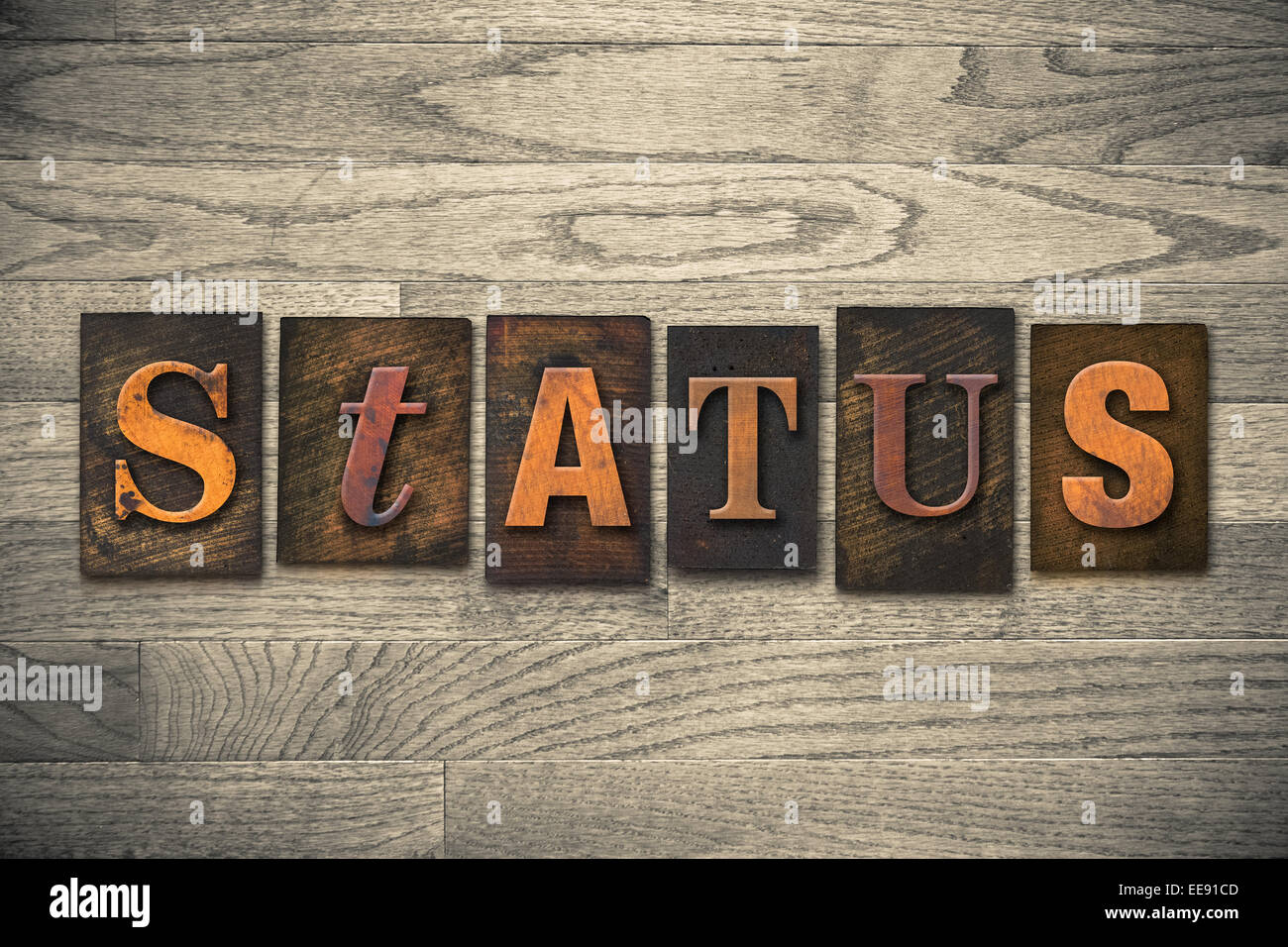 The word "STATUS" written in wooden letterpress type. Stock Photo