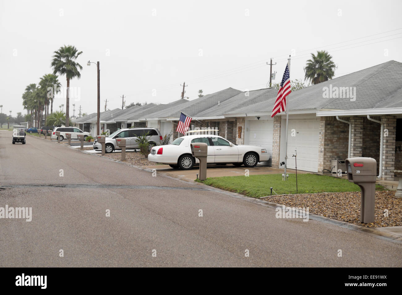 Neighborhood in a retirement community on a rainy, dreary day. Stock Photo