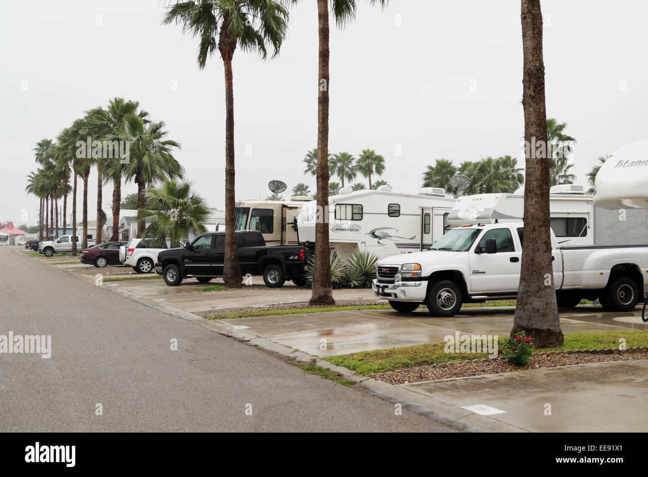 An RV/Mobile Home resort in deep south Texas on a rainy, overcast and dreary day. Stock Photo