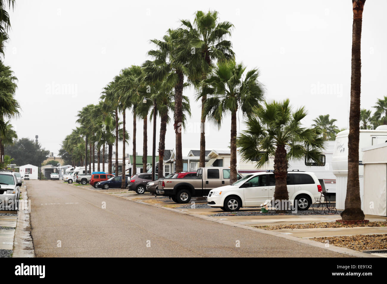 An RV/Mobile Home resort in deep south Texas on a rainy, overcast and dreary day. Stock Photo