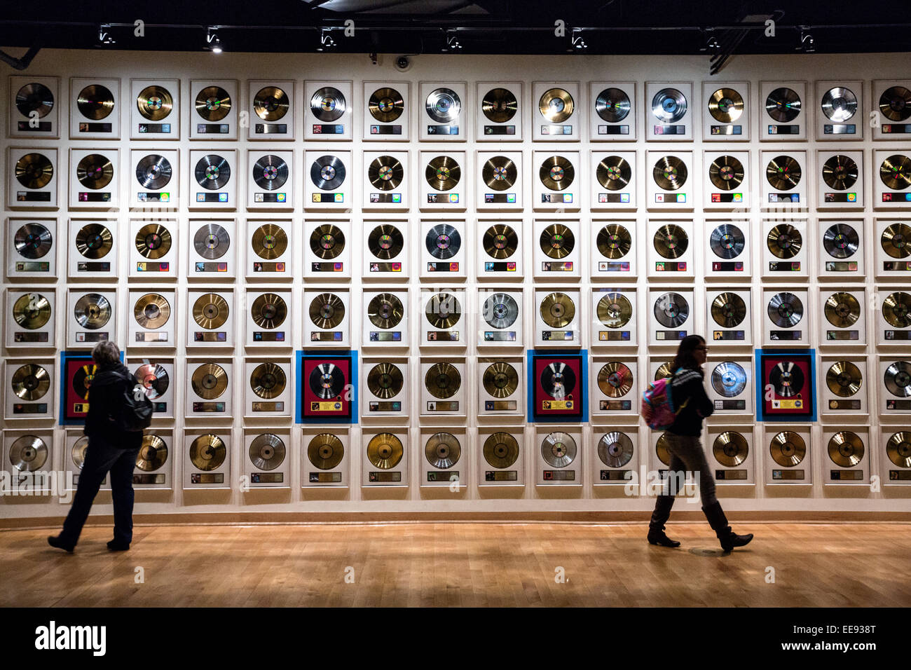 Museum display of wall of gold records at the Country Music Hall of Fame in Nashville, TN. Stock Photo