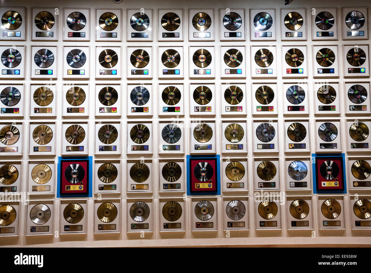 Museum display of wall of gold records at the Country Music Hall of Fame in Nashville, TN. Stock Photo