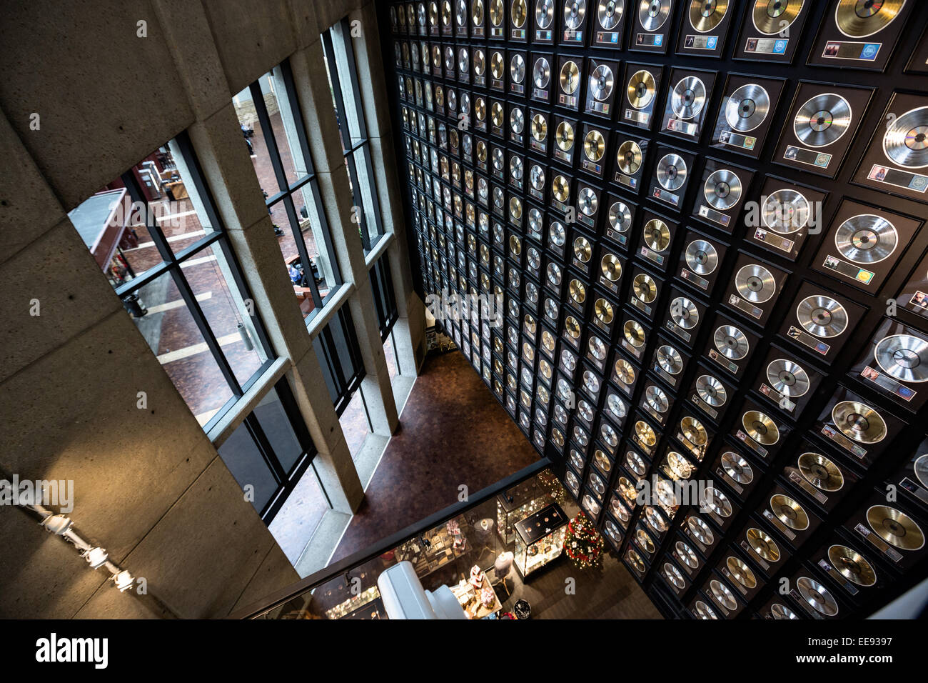 Museum display of wall of gold records at the Country Music Hall of Fame in Nashville, TN. Stock Photo