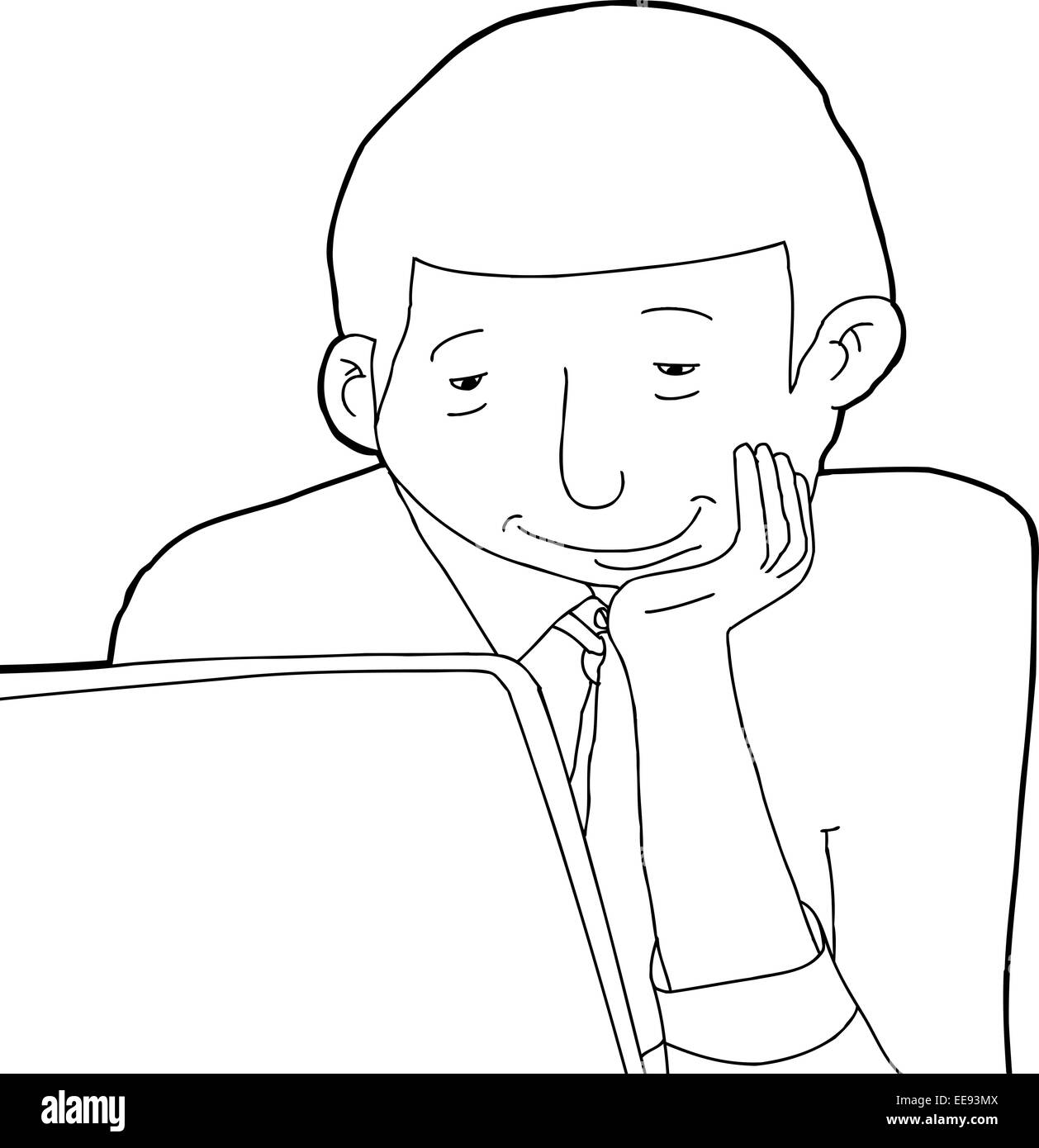 Outline of smiling Black man looking at his laptop computer Stock Photo