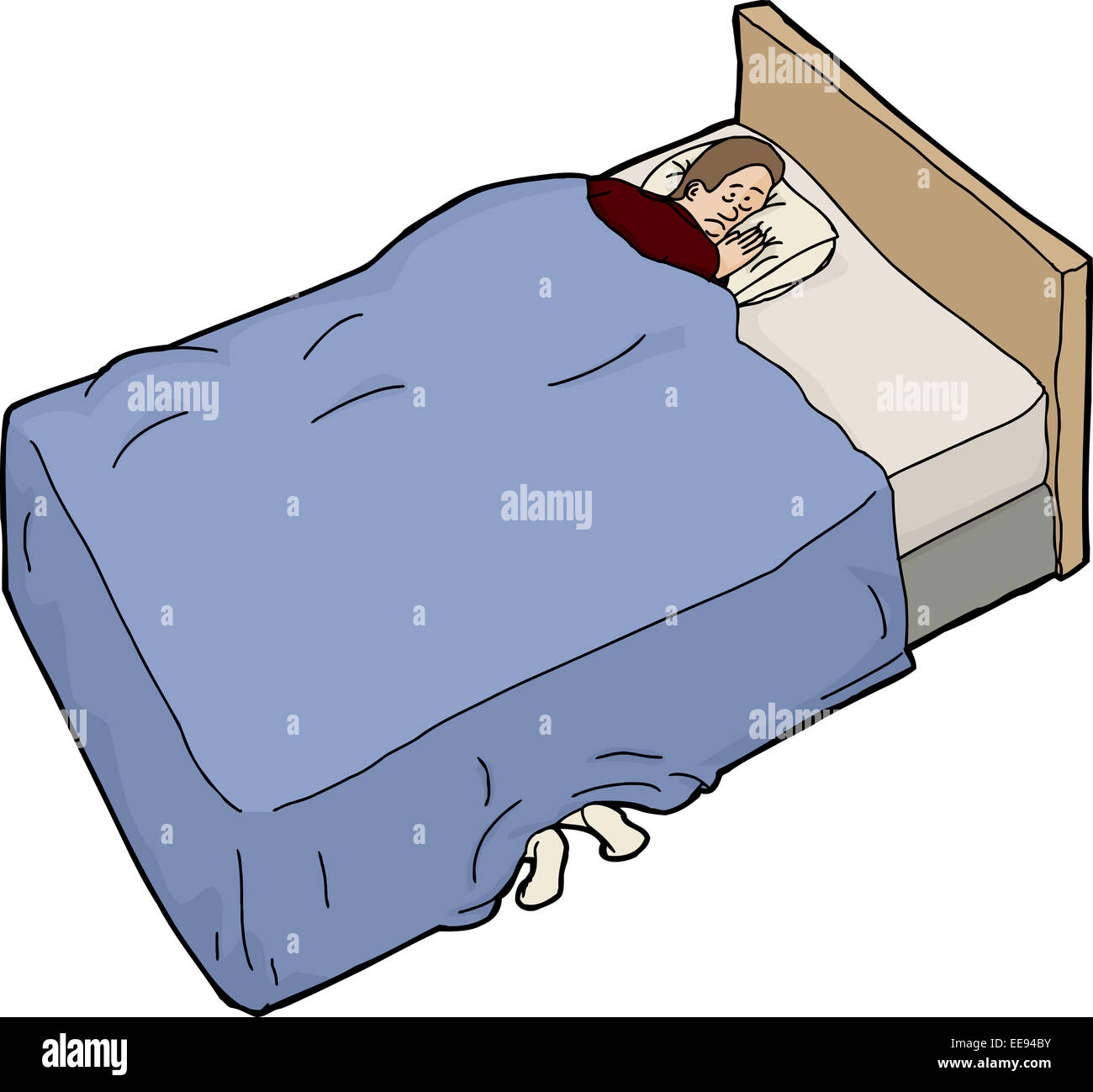 Isolated cartoon bed with scared man and feet underneath Stock Photo