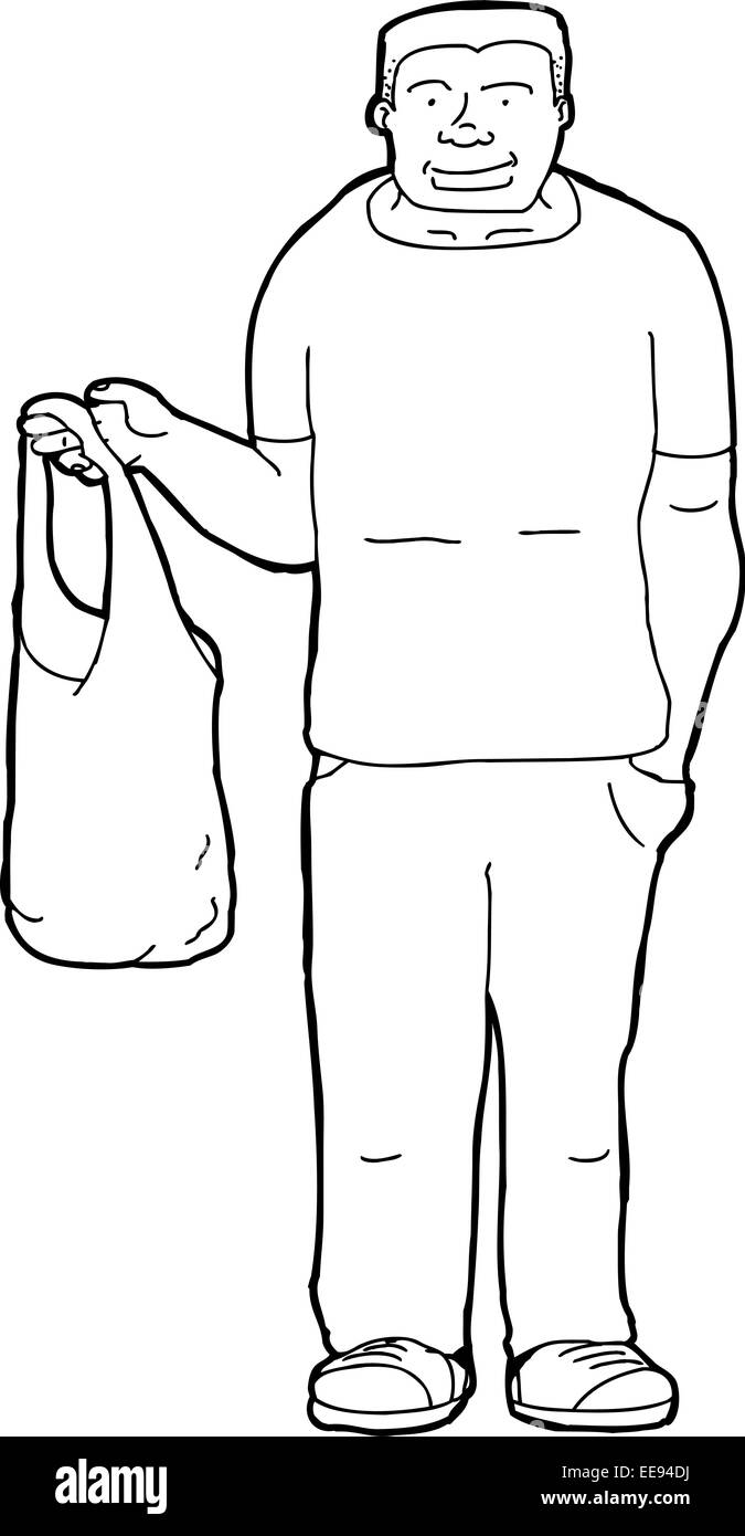 Outline cartoon of smiling man with shopping bag Stock Photo